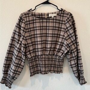 Plaid Smocked Blouse in Black and Gray